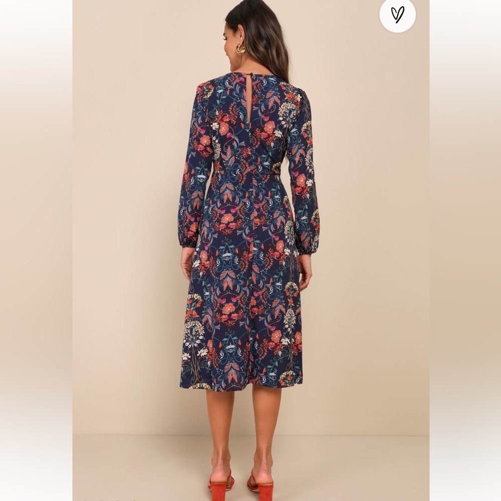 Garden Splendor Navy Blue Floral Print Long Sleeve Midi Dress - Picture 2 of 7